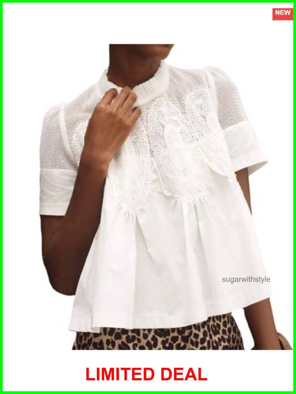 Lace-Detail Flared Blouse Short-Sleeve Crew Neck Lace Poplin Mesh Swing Top